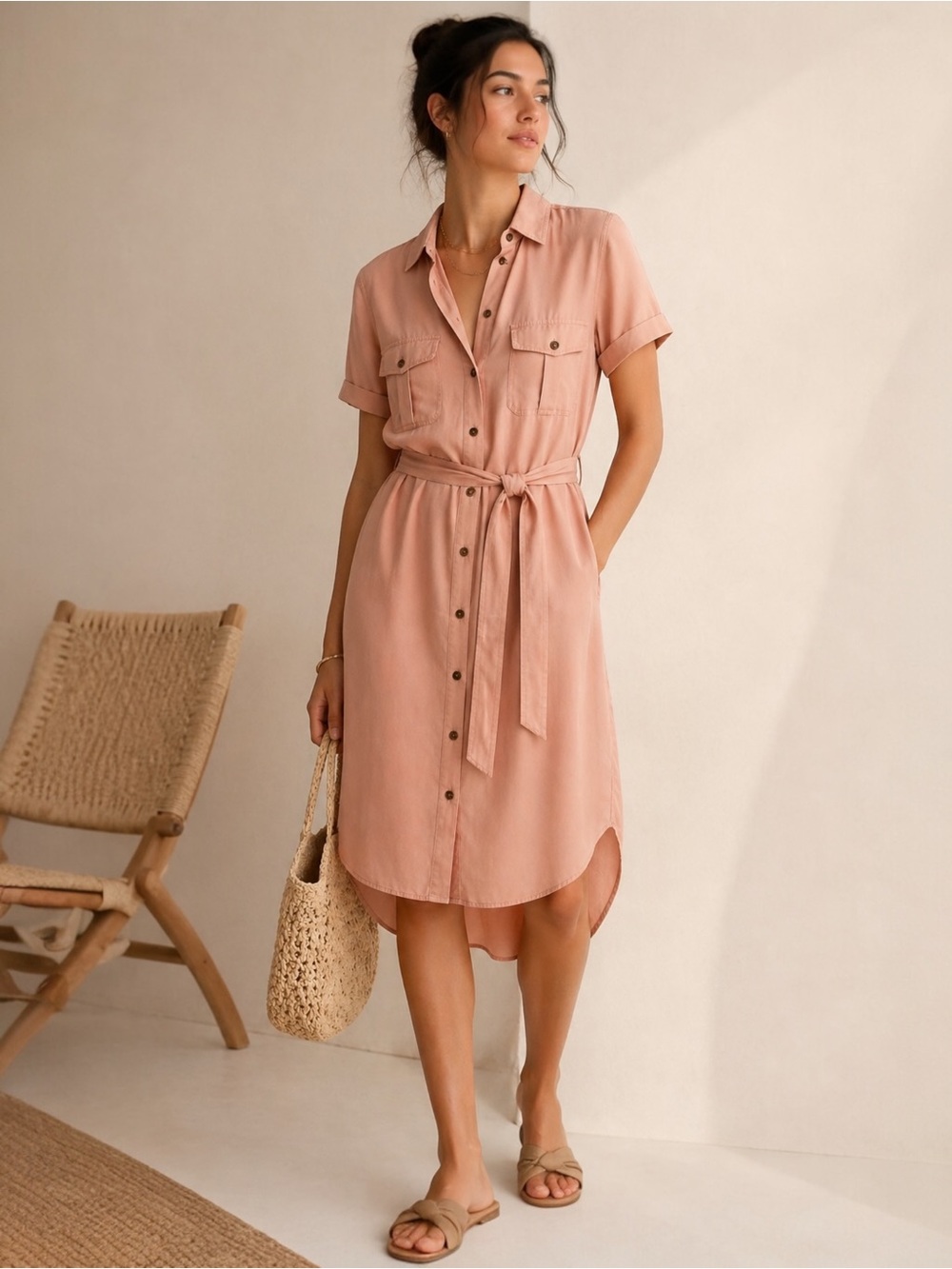 Teddi Rose TENCEL Shirt Dress Pink Blush Button Front Belted Utility Midi Hi Low